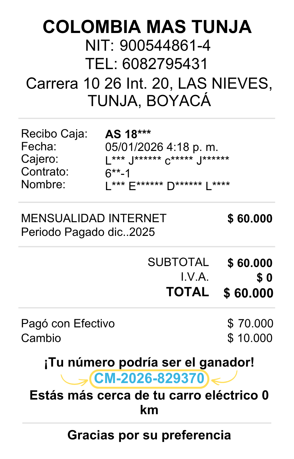 Ejemplo de recibo con número de participación