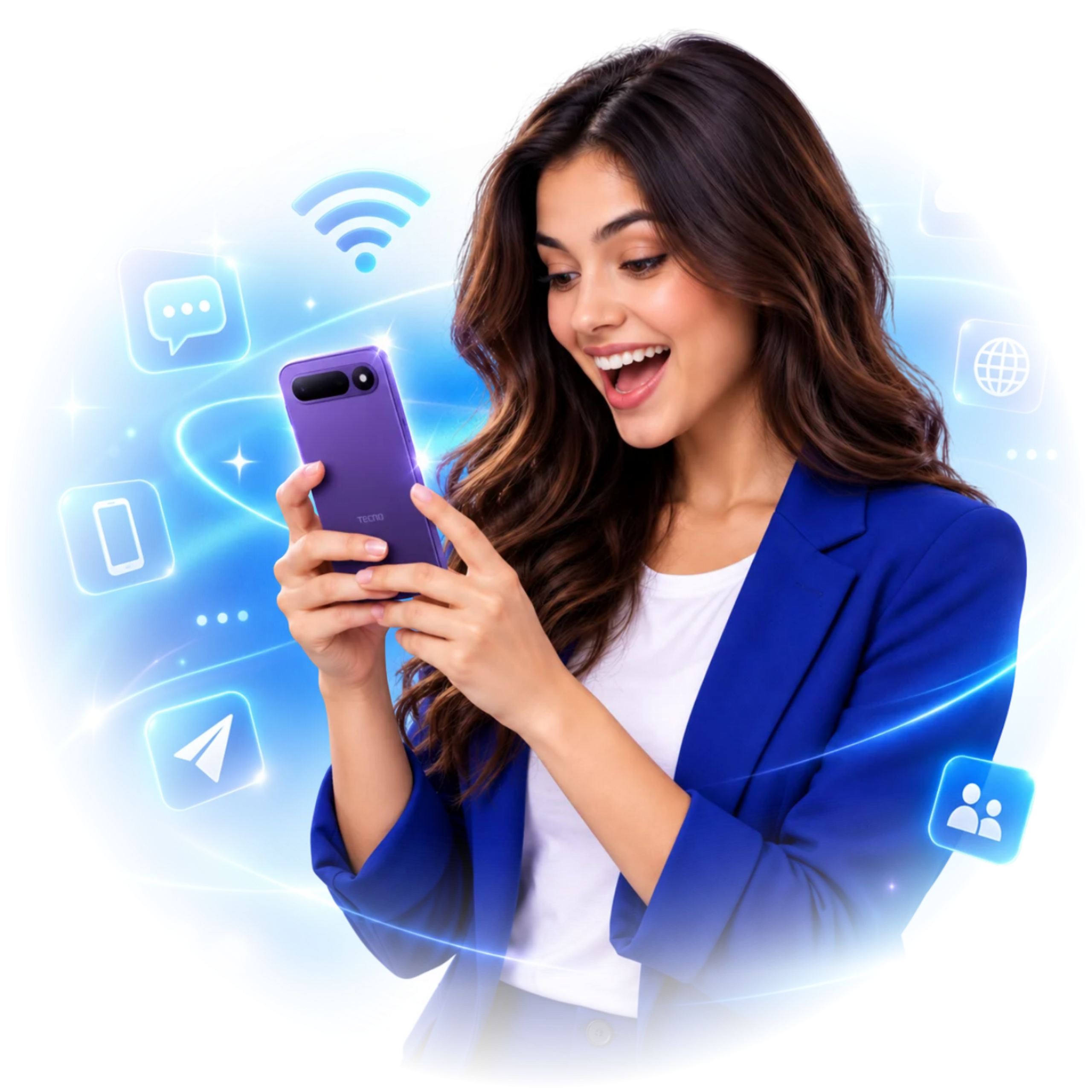 Mujer sonriente usando un celular Tecno morado